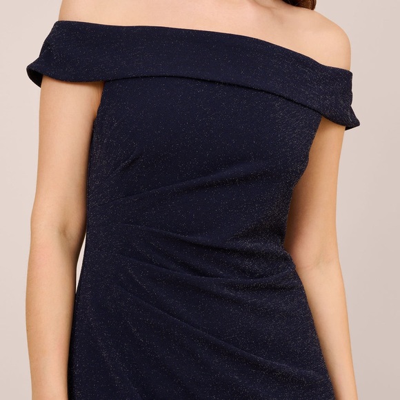 ADRIANNA PAPELL OFF THE SHOULDER RUCHED METALLIC KNIT LONG COLUMN GOWN - Picture 5 of 6